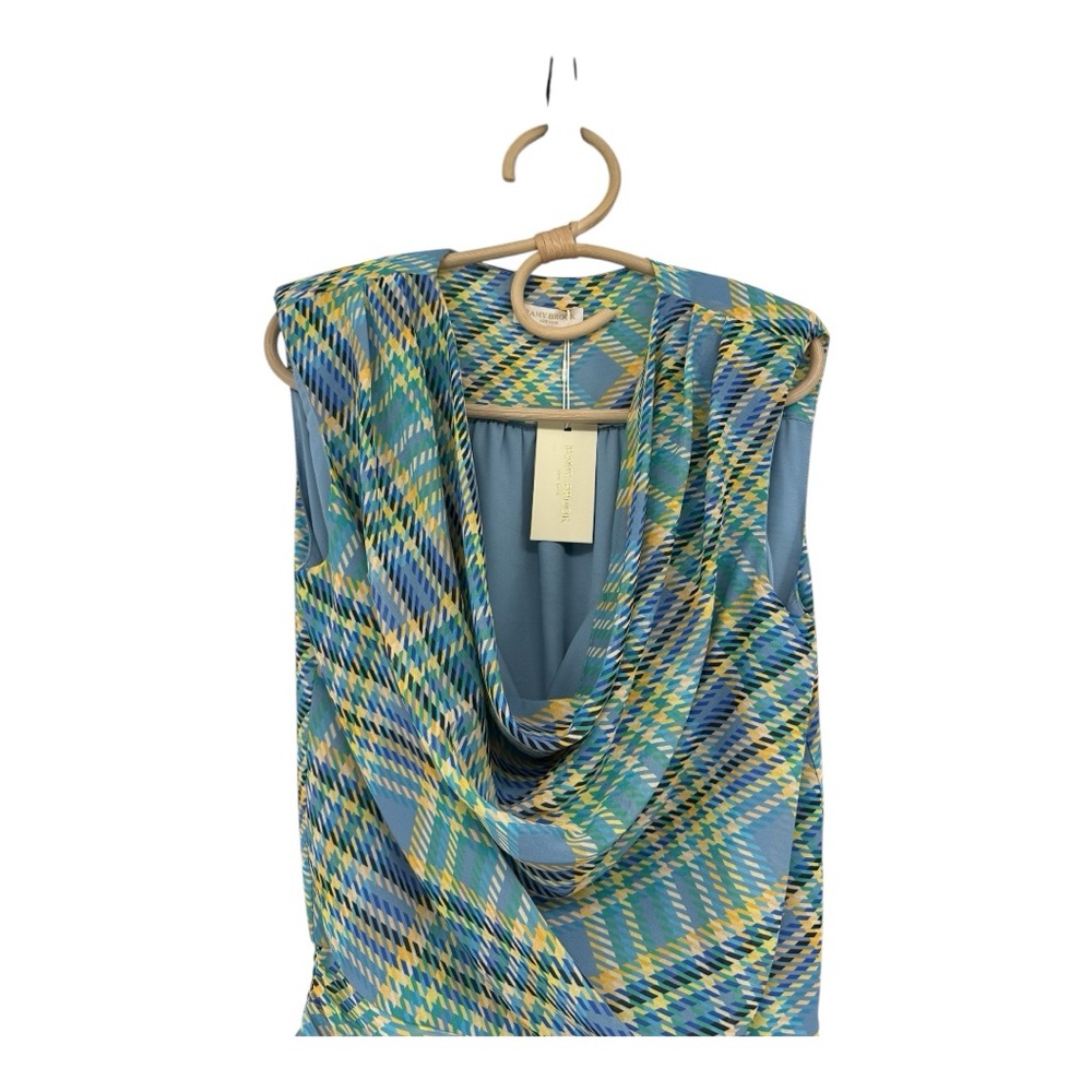 Ramy Brook New York Draped Lt Blue Plaid Cinch Waist Bow Blouse S NWT | $345 - Picture 3 of 16